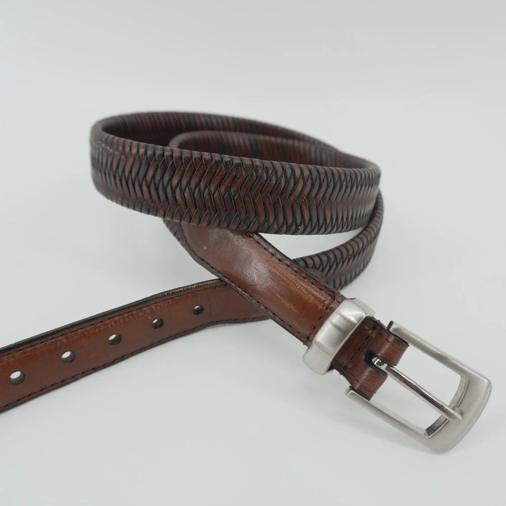 Braided Leather Belt Mens 38-40 Brown Herringbone Woven Silver Buckle